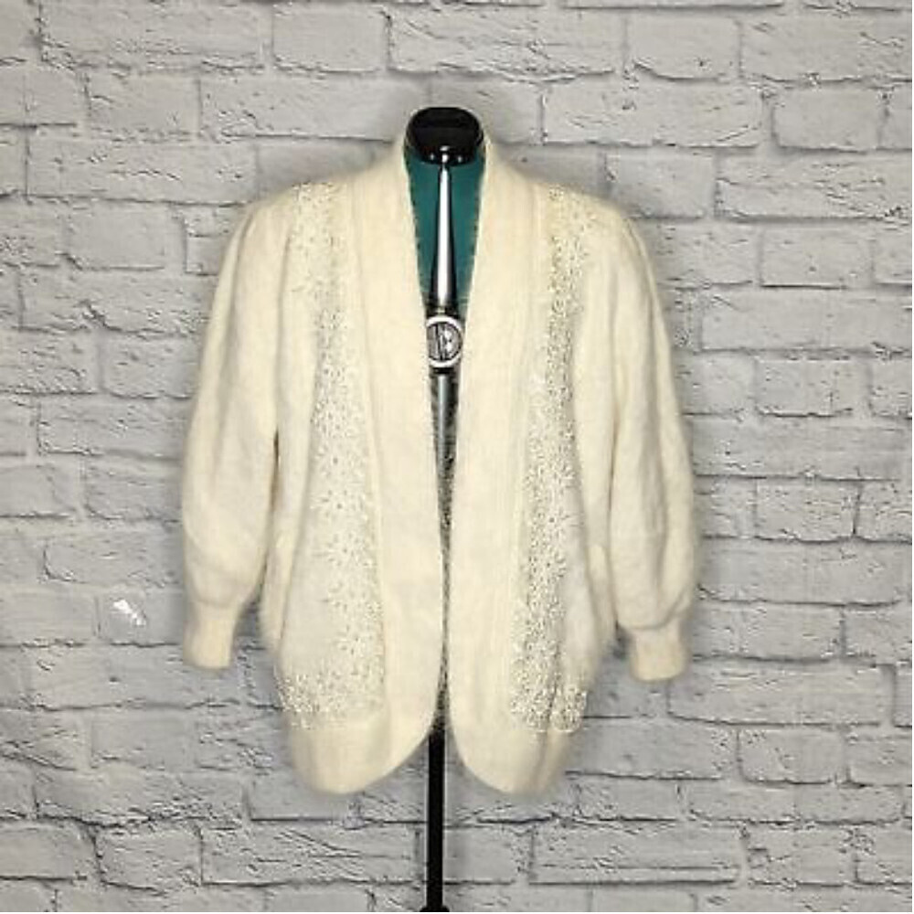 Vintage Adore Women's cream angora rabbit fur embroidered pearl detail Coat Sz M